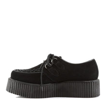 Load image into Gallery viewer, left side view of real black leather suede 2 inch platform creeper with woven detail on top of shoe and lace up front. has secret hidden coffin shaped compartment underneath sole cover inside shoe
