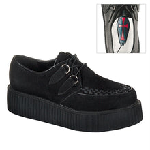 Load image into Gallery viewer, right side view of real black leather suede 2 inch platform creeper with woven detail on top of shoe and lace up front. has secret hidden coffin shaped compartment underneath sole cover inside shoe
