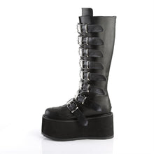 Load image into Gallery viewer, left side view of black vegan leather 3.5&quot; platform knee high boot. Features 8 buckle straps w/ metal plates at center with back metal zip closure
