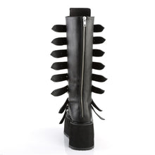 Load image into Gallery viewer, back side view of black vegan leather 3.5&quot; platform knee high boot. Features 8 buckle straps w/ metal plates at center with back metal zip closure
