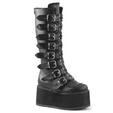 Load image into Gallery viewer, right side view of black vegan leather 3.5&quot; platform knee high boot. Features 8 buckle straps w/ metal plates at center with back metal zip closure

