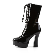 Load image into Gallery viewer, inner view of black vinyl 5&quot; stack heel with 1 1/2&quot; platform Lace-up front ankle boot with full inner side zipper
