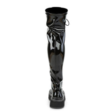 Load image into Gallery viewer, back side view of black patent vinyl 2&quot; platform Straight thigh-high lace-up boot with outer metal zipper
