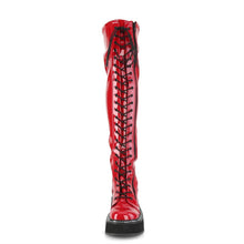 Load image into Gallery viewer, front side view of red patent vinyl 2&quot; platform Straight thigh-high lace-up boot with outer metal zipper
