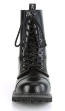 Load image into Gallery viewer, front side view of black real leather 10 eyelet steel toe boot
