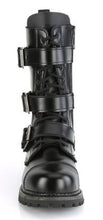 Load image into Gallery viewer, front view of Real black leather, 12 Eyelet, steel toe lace-up triple buckle ankle boot with rubber sole and full length inside zip closure.
