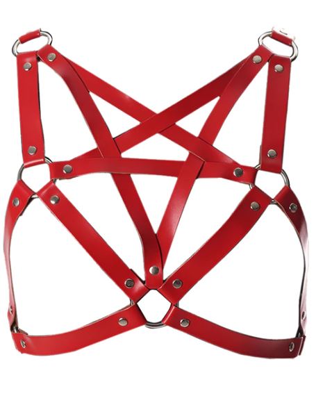 front of Red vegan leather inverted pentagram harness with O rings and adjustable straps at the back.