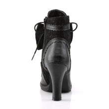 Load image into Gallery viewer, back side view of Black vegan leather 3 3/4&quot; Heel 1/2&quot; Platform Lace-up front Ankle boot with lace overlay on vamp Featuring puffy heart &amp; lace bow detail with inner side zipper
