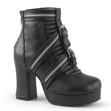 Load image into Gallery viewer, Outer side view of Black vegan leather with 3 3/4&quot; block heel and 1&quot; platform ankle boot Features triple zippered straps and two buckled straps at center, full back zip closure
