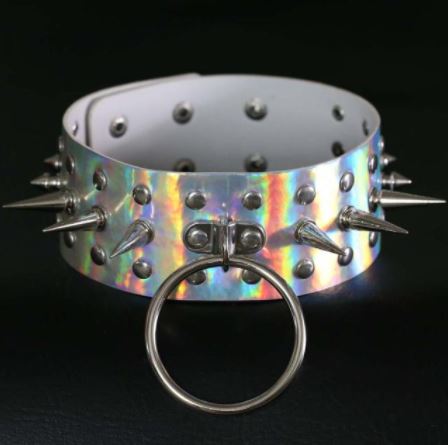 Silver holographic large width choker with long spikes and large silver capture O ring at front of collar.