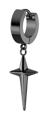Black stainless steel round clasp style slight hanging earring with star cross.
