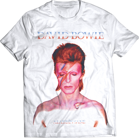 white band shirt with david bowie logo, picture of david bowie and the words 