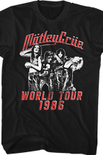 Load image into Gallery viewer, black unisex motley crue shirt with logo and world tour 1986 poster graphic with text that reads &quot;world tour 1986&quot;
