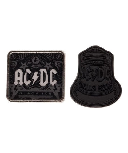 from left to right: square acdc black ice pin and acdc hells bells bell shaped pin