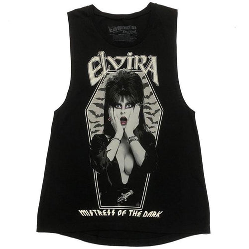 front of Elvira Mistress of the Dark tank top/sleeveless t-shirt. Shirt features bats and Elvira in a coffin shaped design.