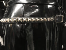 Load image into Gallery viewer, black leather belt with single row of multiple silver pyramid studs
