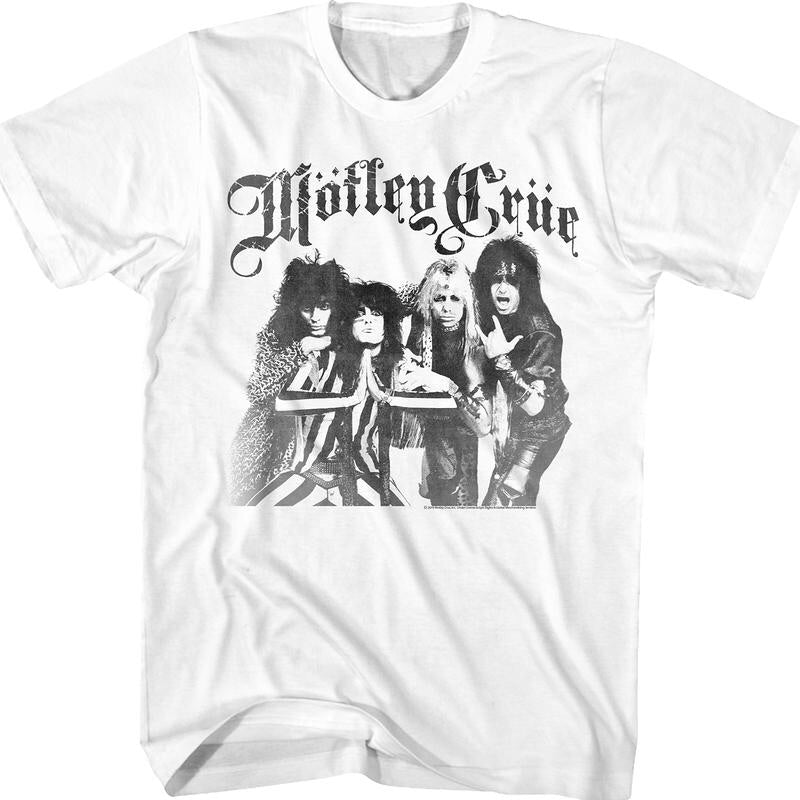 white unisex motley crue shirt with logo and picture of band being silly