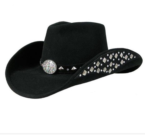 Black felt cowboy hat, silver pyramid studs around base, bedazzled jewel on front, jewels and studs along underside of brim on both sides