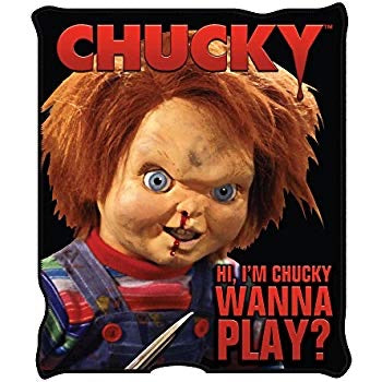 Micro plush fleece throw blanket features Chucky with bloody nose picture with a black background, top of blanket says CHUCKY, bottom right says 
