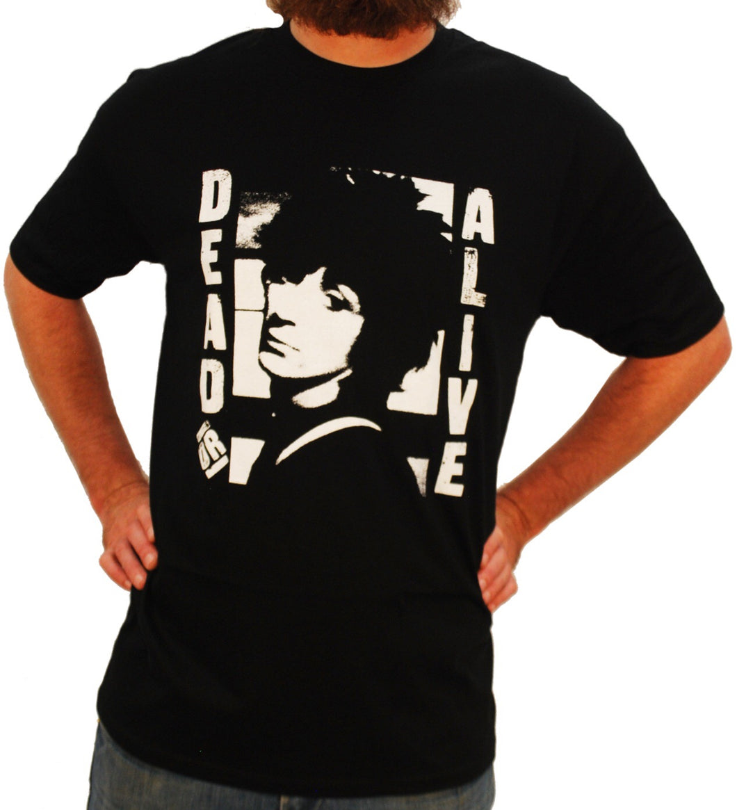 black band shirt with picture of johnny thunders with text reading 