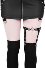 Load image into Gallery viewer, front view of black leg garter with vegan leather statement pentagram. Has adjustable elastic back, stud detail and suspender holders. 
