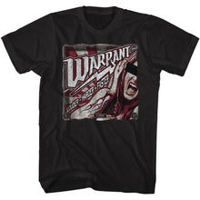 Load image into Gallery viewer, black band shirt with warrant logo and screaming woman graphic with text that reads &quot;louder houder faster in stereo&quot;
