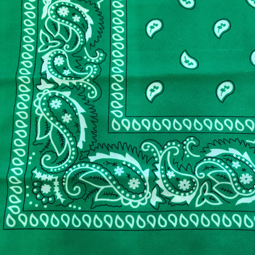 Kelly green bandana with white and black paisley print.