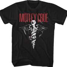 Load image into Gallery viewer, unisex black motley crue shirt with logo and black and white dr. feel good snake dagger album cover art
