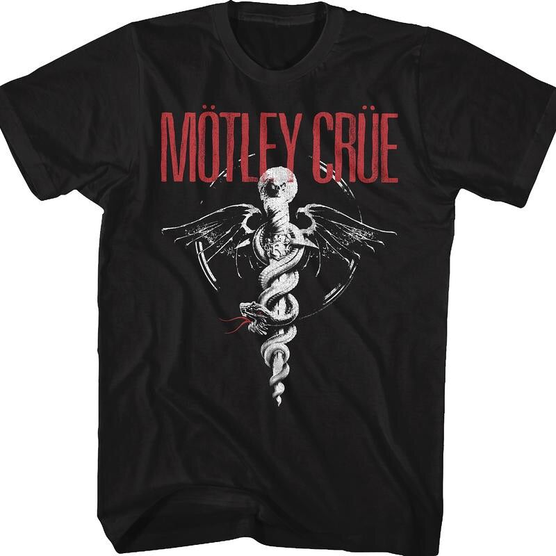 unisex black motley crue shirt with logo and black and white dr. feel good snake dagger album cover art