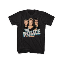 Load image into Gallery viewer, black unisex the police shirt with muted colors band photo in middle and logo layered on top of band photo
