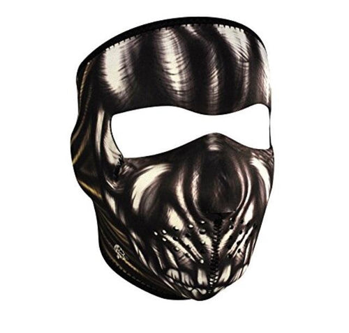 Full face riding mask with muscle design on front side. Can be reversed to an all black side.