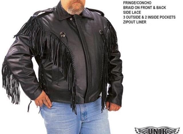 Black real buffalo leather heavy duty fringe Concho jacket. Jacket has fringe details on the front and sleeves with adjustable side laces. Jacket has three outside pockets and two inside pockets with zip out liner.