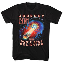 Load image into Gallery viewer, black unisex journey shirt with logo and escape album art with text that reads &quot;escape featuring don&#39;t stop believing&quot;
