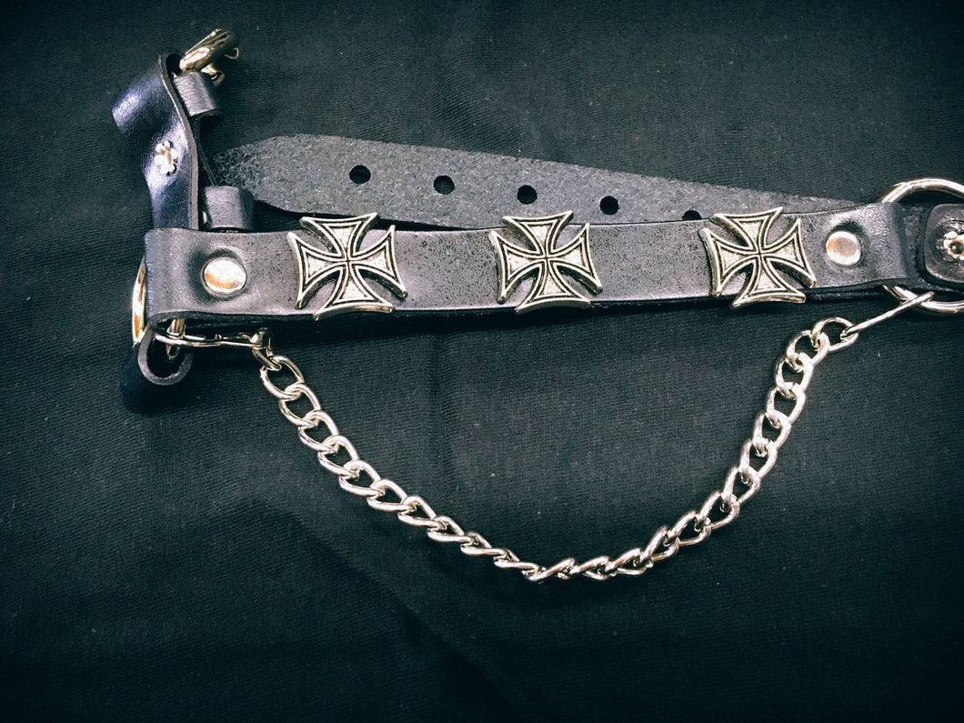 Three silver iron cross symbols, hanging chain, adjustable buckle closure