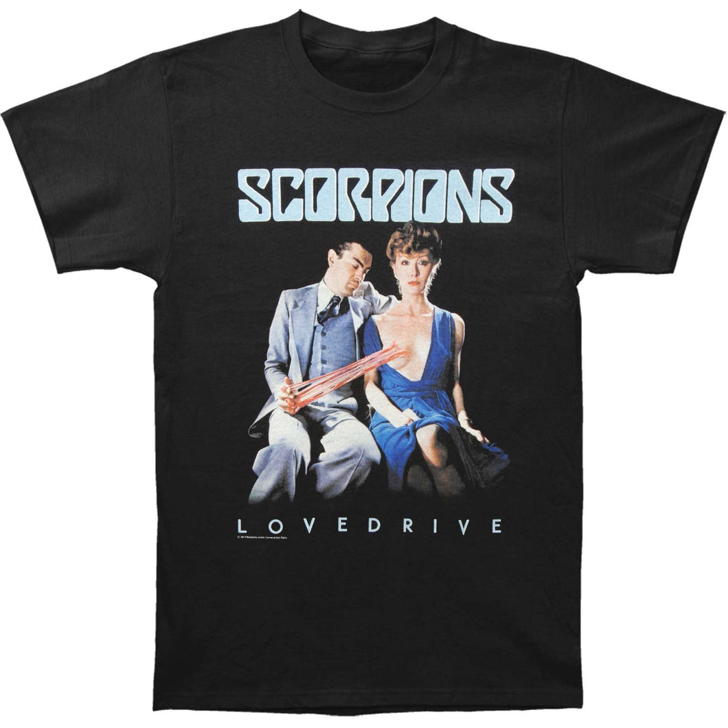 black scorpions band shirt with logo and lovedrive graphic with text that reads 