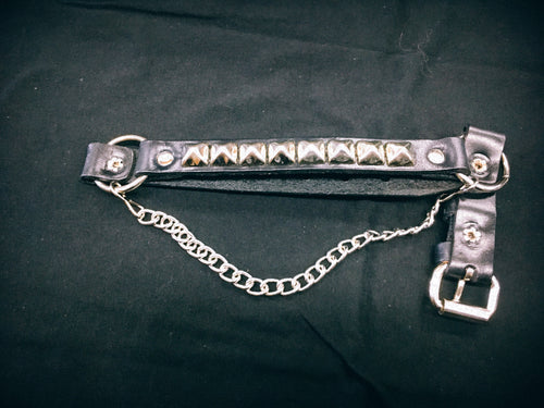 black leather bootstrap with silver pyramid studs and silver hanging chain