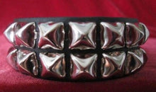 Load image into Gallery viewer, black leather bracelet with two rows of silver pyramid studs
