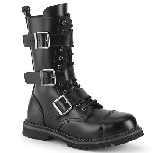 outer side view of Real black leather, 12 Eyelet, steel toe lace-up triple buckle ankle boot with rubber sole and full length inside zip closure.