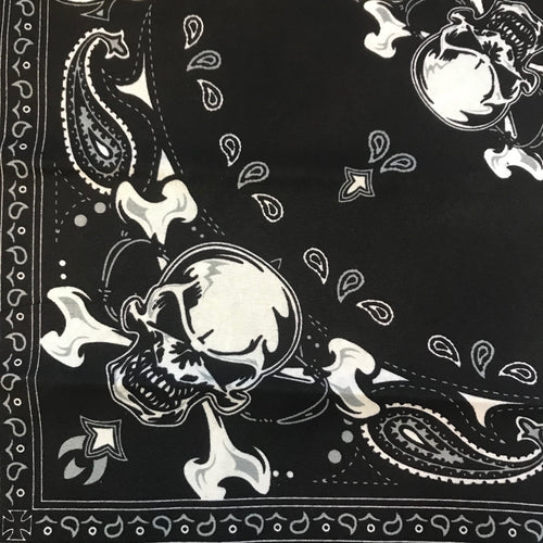 Black bandana with skull and crossbones paisley print.