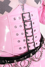 Load image into Gallery viewer, side of Pink shiny vinyl underbust waist cincher with front zip and 5 adjustable belt overlay over top of zipper with a 4 way stretch.
