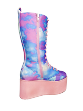 Load image into Gallery viewer, inner view of Printed blue, purple, pink pastel upper, pink molded outsole, pink enamel eyelets and pink round lace boot. Boot has full lace-up front and full inner side zip.
