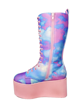 Load image into Gallery viewer, inner view of Printed blue, purple, pink pastel upper, pink molded outsole, pink enamel eyelets and pink round lace boot. Boot has full lace-up front and full inner side zip.
