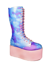 Load image into Gallery viewer, outer view of printed blue, purple, pink pastel upper, pink molded outsole, pink enamel eyelets and pink round lace boot. Boot has full lace-up front and full inner side zip.
