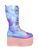 Load image into Gallery viewer, side view of Printed blue, purple, pink pastel upper, pink molded outsole, pink enamel eyelets and pink round lace boot. Boot has full lace-up front and full inner side zip.
