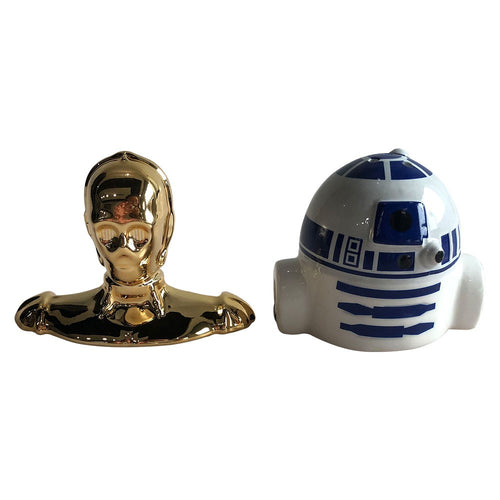 Left to right: half body C-3PO gold shaker, half body R2-D2 blue and white shaker
