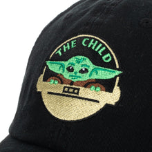 Load image into Gallery viewer, Embroidered front art of Grogu (baby yoda) with text that reads &quot;the child&quot;

