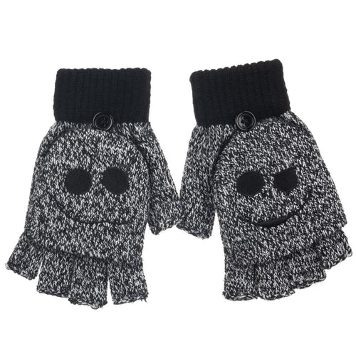 Black and white speckled fingerless gloves with Jack Skellington faces embroidered on, and glove has finger covers that button or unbutton to cover fingers.