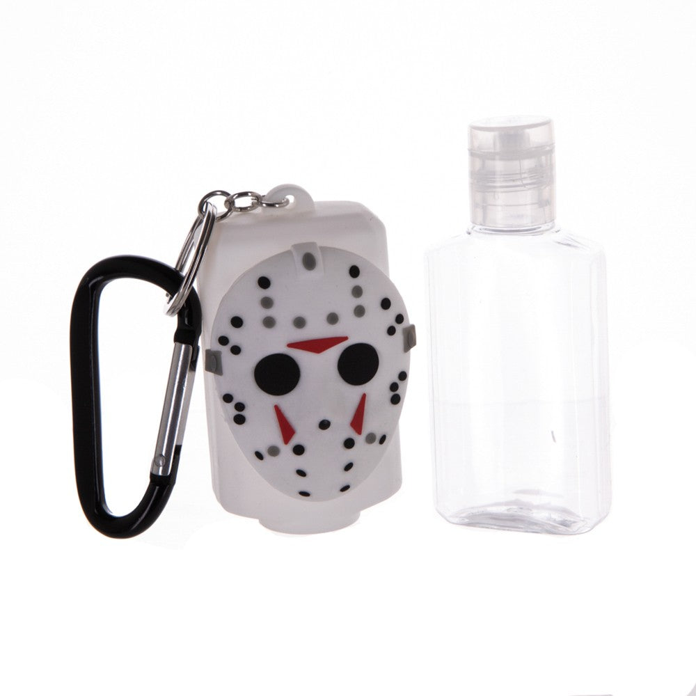 rubber jason voorhees hockey mask hand sanitizer holder. empty bottle included. bottle holder has carabiner