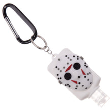 Load image into Gallery viewer, rubber jason voorhees hockey mask hand sanitizer holder. empty bottle included. bottle holder has carabiner
