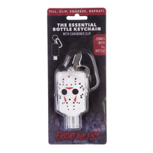 Load image into Gallery viewer, rubber jason voorhees hockey mask hand sanitizer holder. empty bottle included. bottle holder has carabiner

